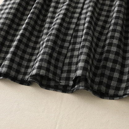 Buddha Stones Black Lace-Up Design Plaid Lapel Long Sleeve Cotton Linen Midi Dress With Pockets