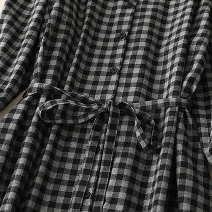 Buddha Stones Black Lace-Up Design Plaid Lapel Long Sleeve Cotton Linen Midi Dress With Pockets