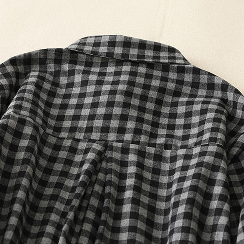 Buddha Stones Black Lace-Up Design Plaid Lapel Long Sleeve Cotton Linen Midi Dress With Pockets