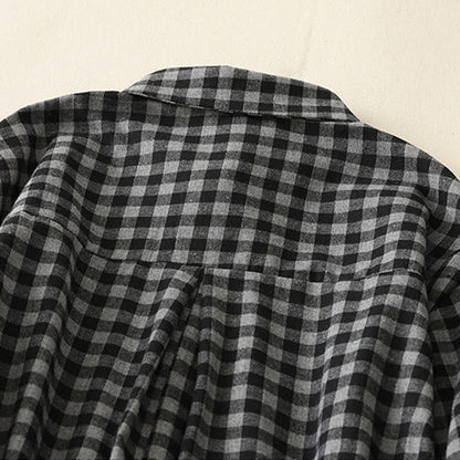 Buddha Stones Black Lace-Up Design Plaid Lapel Long Sleeve Cotton Linen Midi Dress With Pockets