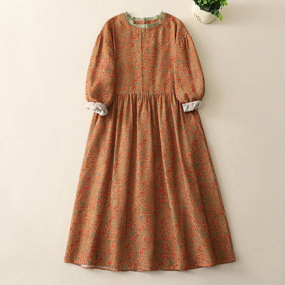 Buddha Stones Casual Floral Lace Crew Neck Balloon Long Sleeve Cotton Linen Midi Dress With Pockets