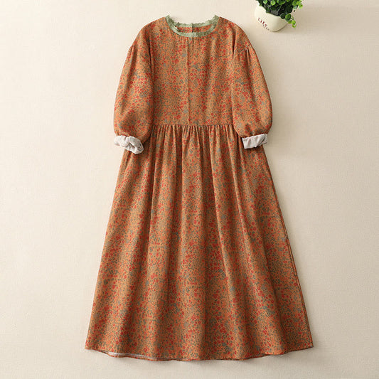 Buddha Stones Casual Floral Lace Crew Neck Balloon Long Sleeve Cotton Linen Midi Dress With Pockets