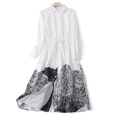 Buddha Stones Printing Irregular Lines Long Sleeve Lace-up Lapel Cotton Midi Dress With Pockets