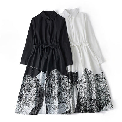 Buddha Stones Printing Irregular Lines Long Sleeve Lace-up Lapel Cotton Midi Dress With Pockets