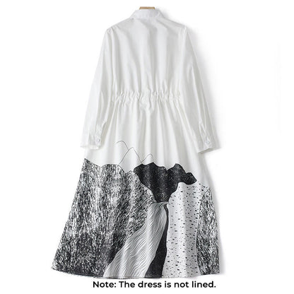 Buddha Stones Printing Irregular Lines Long Sleeve Lace-up Lapel Cotton Midi Dress With Pockets