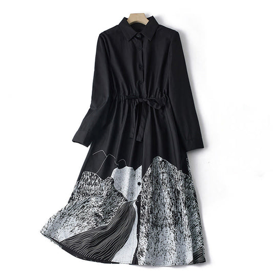 Buddha Stones Printing Irregular Lines Long Sleeve Lace-up Lapel Cotton Midi Dress With Pockets