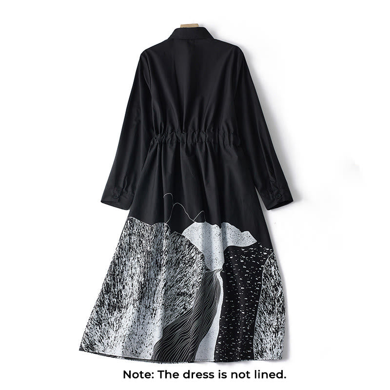 Buddha Stones Printing Irregular Lines Long Sleeve Lace-up Lapel Cotton Midi Dress With Pockets