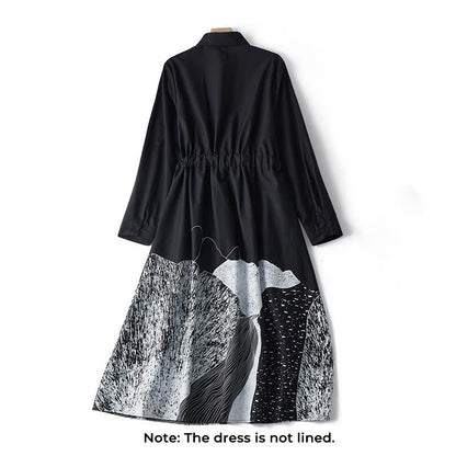 Buddha Stones Printing Irregular Lines Long Sleeve Lace-up Lapel Cotton Midi Dress With Pockets