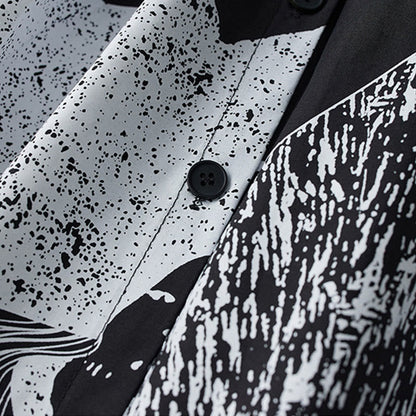 Buddha Stones Printing Irregular Lines Long Sleeve Lace-up Lapel Cotton Midi Dress With Pockets