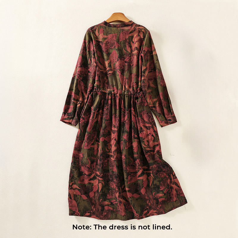 Buddha Stones Printing Drawstring Frog-Button Cotton Linen Long Sleeve Midi Dress With Pockets