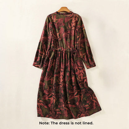 Buddha Stones Printing Drawstring Frog-Button Cotton Linen Long Sleeve Midi Dress With Pockets