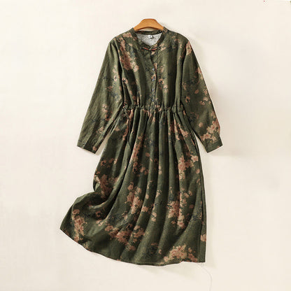 Buddha Stones Printing Drawstring Frog-Button Cotton Linen Long Sleeve Midi Dress With Pockets