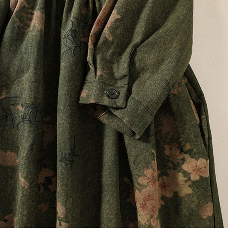 Buddha Stones Printing Drawstring Frog-Button Cotton Linen Long Sleeve Midi Dress With Pockets