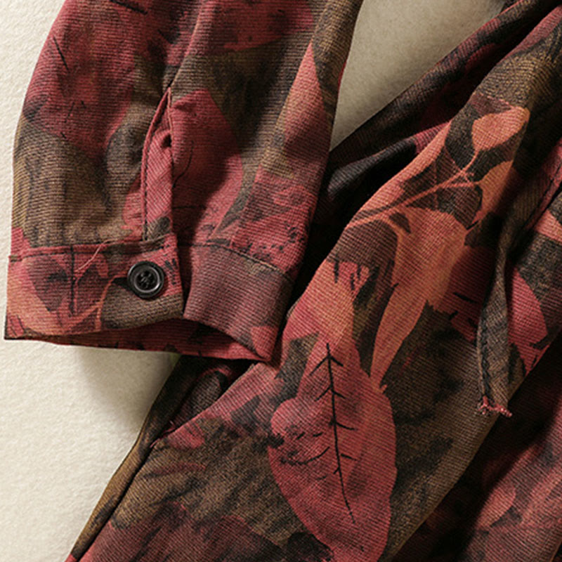 Buddha Stones Printing Drawstring Frog-Button Cotton Linen Long Sleeve Midi Dress With Pockets
