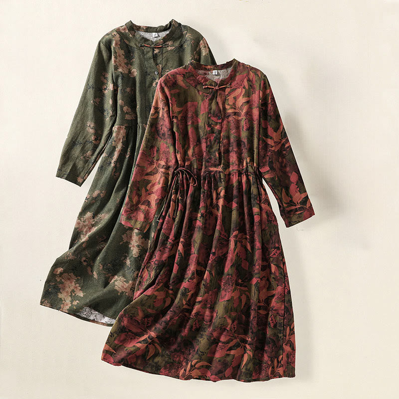 Buddha Stones Printing Drawstring Frog-Button Cotton Linen Long Sleeve Midi Dress With Pockets