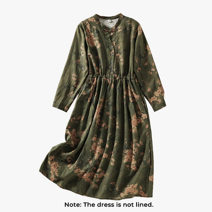 Buddha Stones Printing Drawstring Frog-Button Cotton Linen Long Sleeve Midi Dress With Pockets