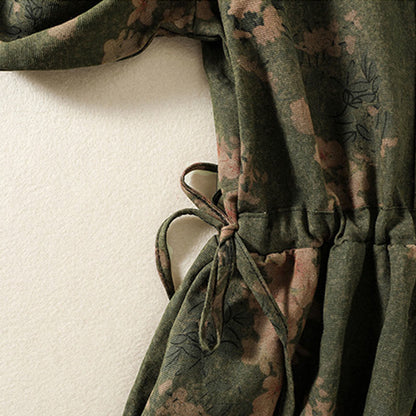 Buddha Stones Printing Drawstring Frog-Button Cotton Linen Long Sleeve Midi Dress With Pockets
