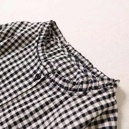 Buddha Stones Long Sleeve Plaid Simple Buttons Ruffled Design Cotton Linen Midi Dress With Pockets