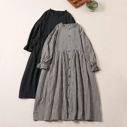 Buddha Stones Long Sleeve Plaid Simple Buttons Ruffled Design Cotton Linen Midi Dress With Pockets