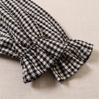 Buddha Stones Long Sleeve Plaid Simple Buttons Ruffled Design Cotton Linen Midi Dress With Pockets