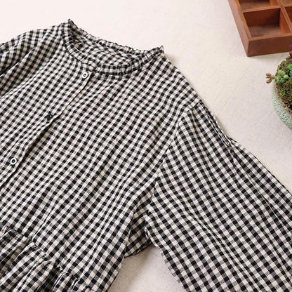 Buddha Stones Long Sleeve Plaid Simple Buttons Ruffled Design Cotton Linen Midi Dress With Pockets