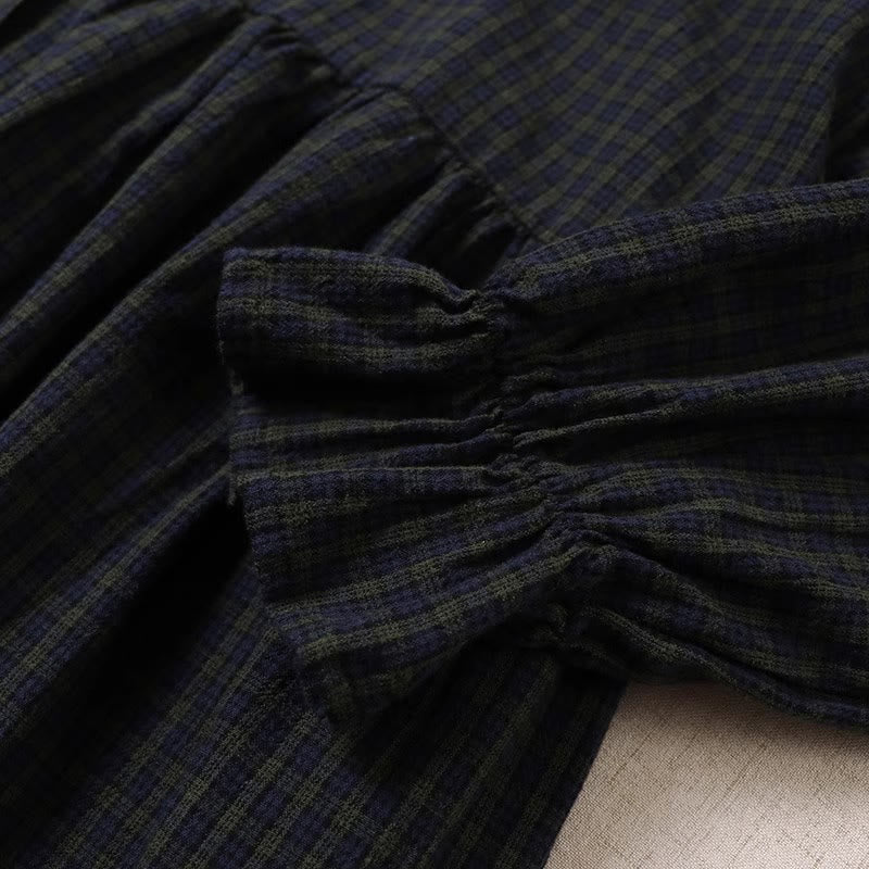 Buddha Stones Long Sleeve Plaid Simple Buttons Ruffled Design Cotton Linen Midi Dress With Pockets