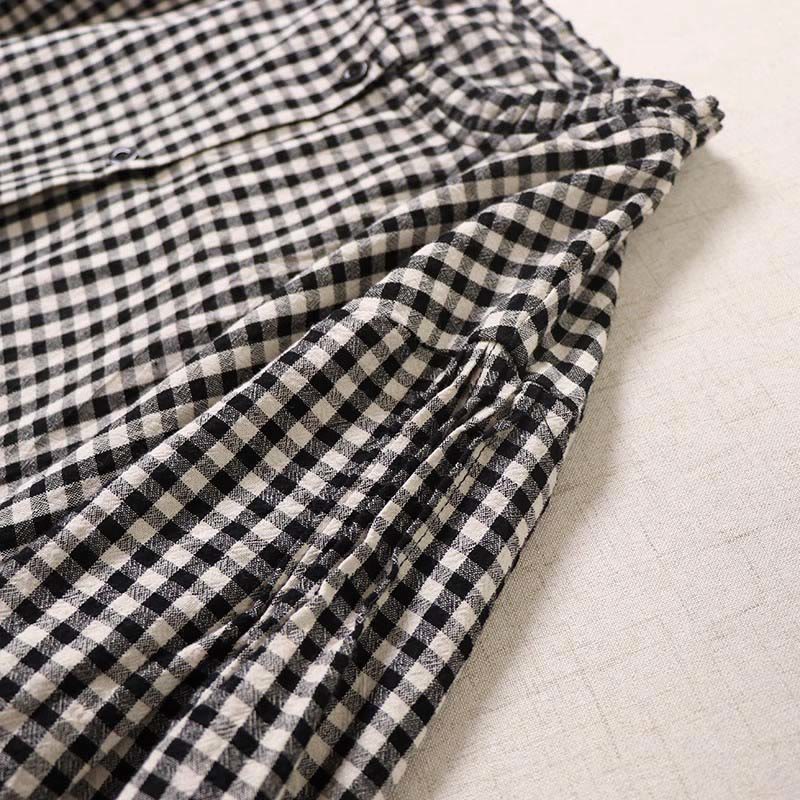 Buddha Stones Long Sleeve Plaid Simple Buttons Ruffled Design Cotton Linen Midi Dress With Pockets