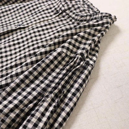 Buddha Stones Long Sleeve Plaid Simple Buttons Ruffled Design Cotton Linen Midi Dress With Pockets