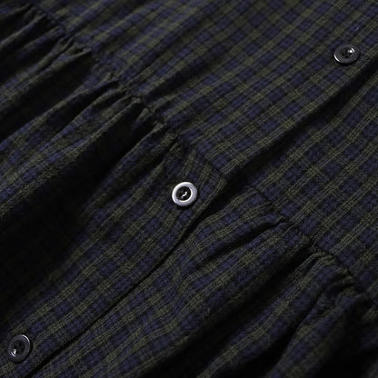 Buddha Stones Long Sleeve Plaid Simple Buttons Ruffled Design Cotton Linen Midi Dress With Pockets