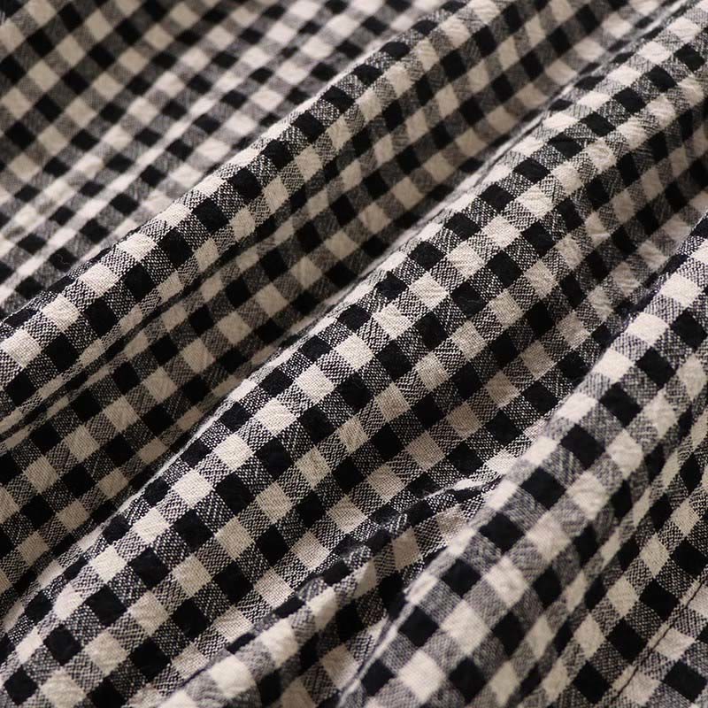 Buddha Stones Long Sleeve Plaid Simple Buttons Ruffled Design Cotton Linen Midi Dress With Pockets