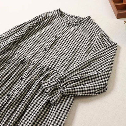 Buddha Stones Long Sleeve Plaid Simple Buttons Ruffled Design Cotton Linen Midi Dress With Pockets