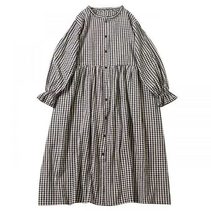 Buddha Stones Long Sleeve Plaid Simple Buttons Ruffled Design Cotton Linen Midi Dress With Pockets