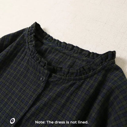 Buddha Stones Long Sleeve Plaid Simple Buttons Ruffled Design Cotton Linen Midi Dress With Pockets