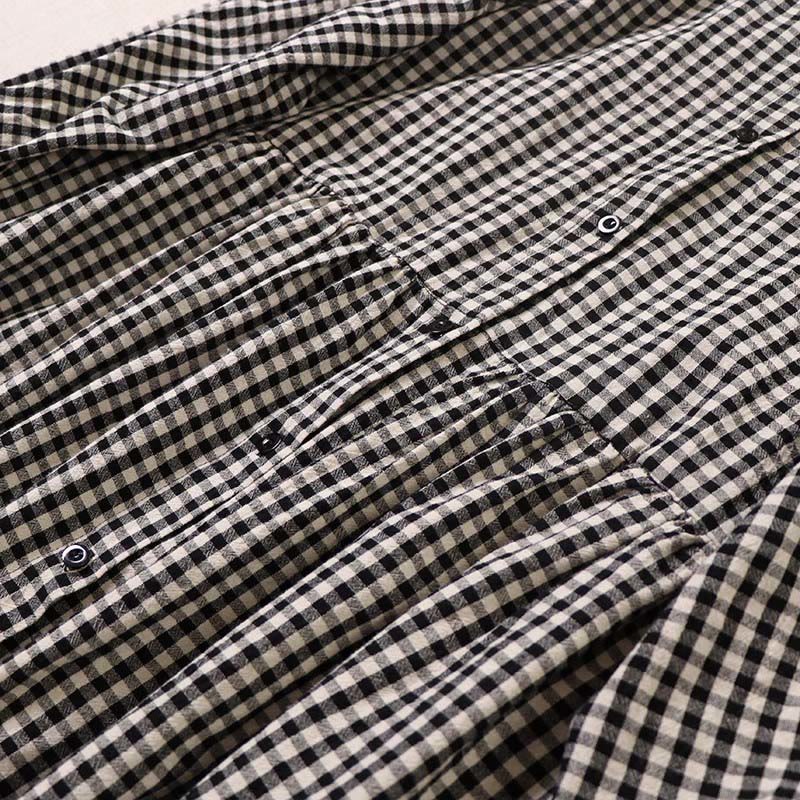 Buddha Stones Long Sleeve Plaid Simple Buttons Ruffled Design Cotton Linen Midi Dress With Pockets