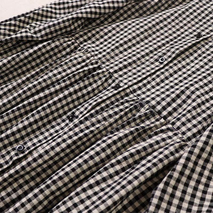 Buddha Stones Long Sleeve Plaid Simple Buttons Ruffled Design Cotton Linen Midi Dress With Pockets