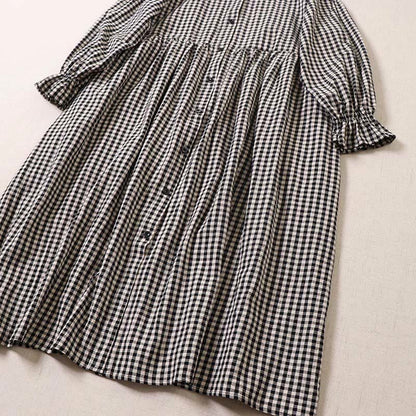 Buddha Stones Long Sleeve Plaid Simple Buttons Ruffled Design Cotton Linen Midi Dress With Pockets