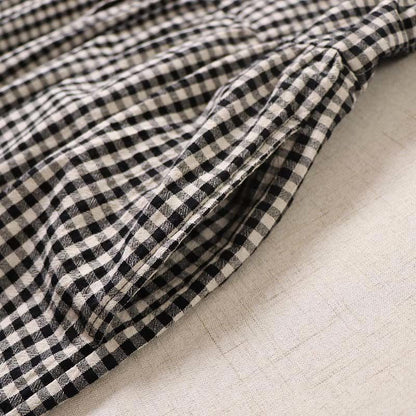 Buddha Stones Long Sleeve Plaid Simple Buttons Ruffled Design Cotton Linen Midi Dress With Pockets