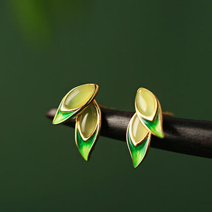 Buddha Stones 925 Sterling Silver Jade Leaf Prosperity Earrings