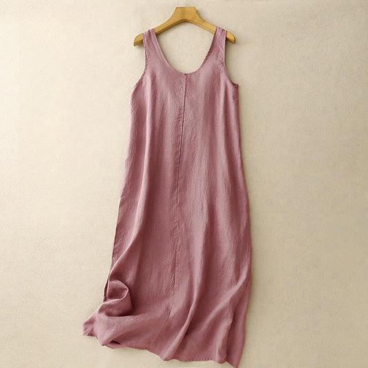 Buddha Stones Summer Daily Casual Pure Color Crew Neck Simple Design Sleeveless Midi Dress