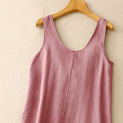 Buddha Stones Summer Daily Casual Pure Color Crew Neck Simple Design Sleeveless Midi Dress