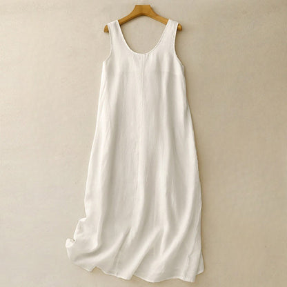 Buddha Stones Summer Daily Casual Pure Color Crew Neck Simple Design Sleeveless Midi Dress
