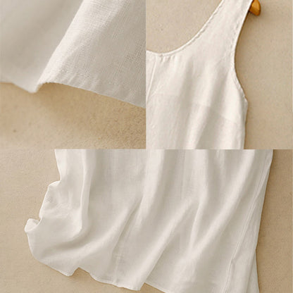 Buddha Stones Summer Daily Casual Pure Color Crew Neck Simple Design Sleeveless Midi Dress