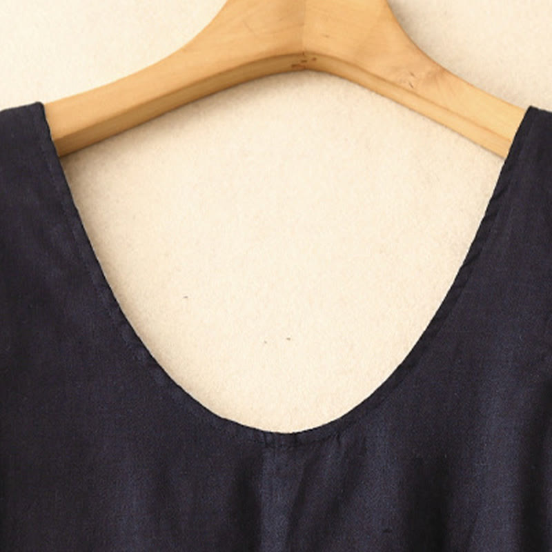 Buddha Stones Summer Daily Casual Pure Color Crew Neck Simple Design Sleeveless Midi Dress