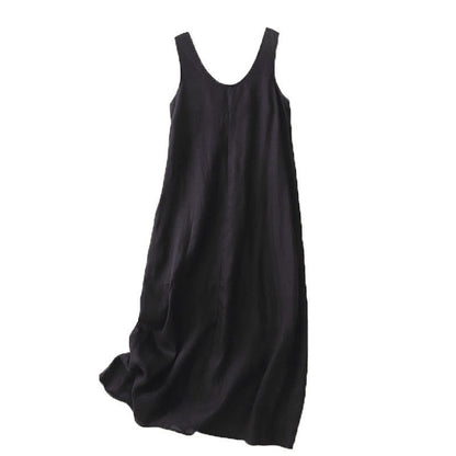 Buddha Stones Summer Daily Casual Pure Color Crew Neck Simple Design Sleeveless Midi Dress