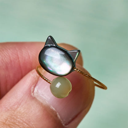 Buddha Stones Black Tridacna Stone Cat Jade Blessing Adjustable Ring