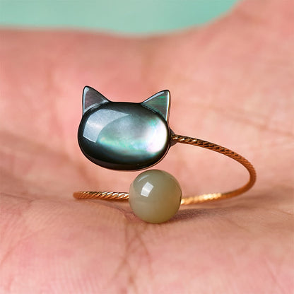 Buddha Stones Black Tridacna Stone Cat Jade Blessing Adjustable Ring