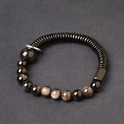 Buddha Stones Silver Sheen Obsidian Coconut Shell Protection Bracelet