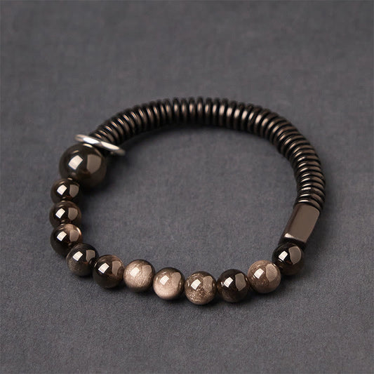 Buddha Stones Silver Sheen Obsidian Coconut Shell Protection Bracelet
