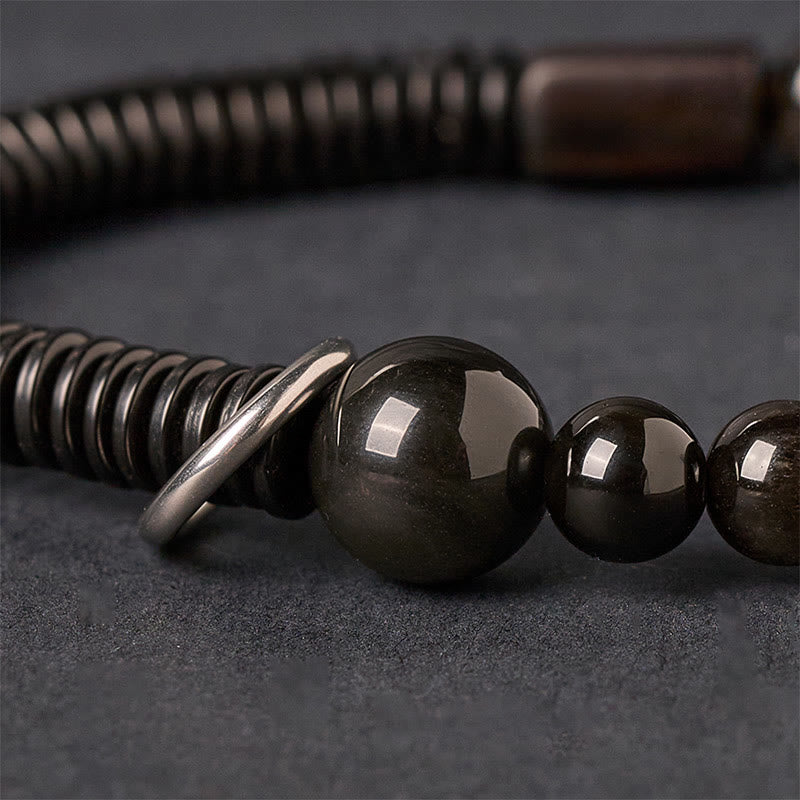 Buddha Stones Silver Sheen Obsidian Coconut Shell Protection Bracelet