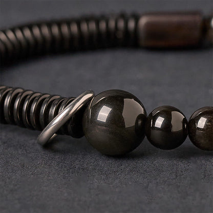 Buddha Stones Silver Sheen Obsidian Coconut Shell Protection Bracelet